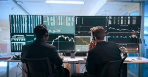 Men review ECN vs Market Maker Brokers on computer for forex trading.