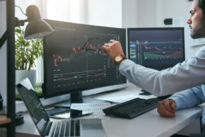 Trader pointing at forex graphs comparing Scalping vs Swing Trading 2025 on computer screen.