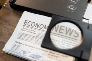 Magnifying glass on economic newsprint for trading during news events.