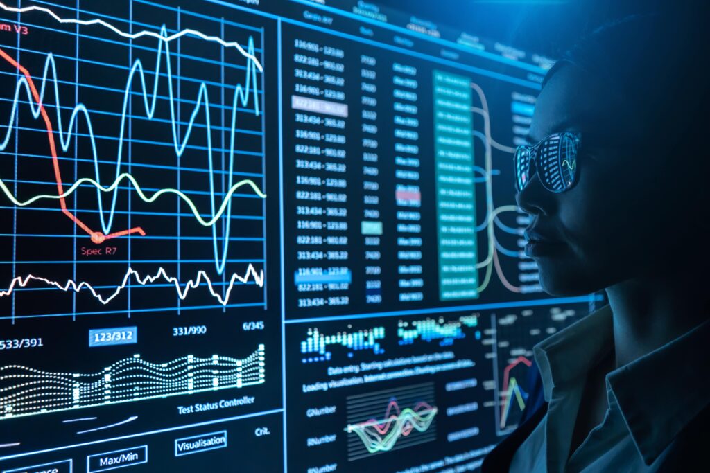 Forex trader using AI tools during volatile market news events like Non-Farm Payrolls.