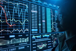 Forex trader using AI tools during volatile market news events like Non-Farm Payrolls.
