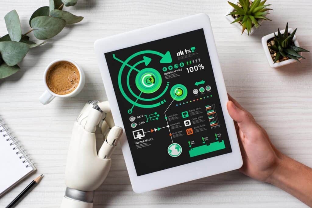 AI Pip Tracking tablet with robot and human hand
