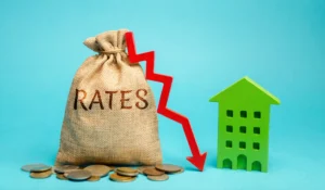 Negative interest rates shown by a rates bag, coins, red downward arrow, and green house.