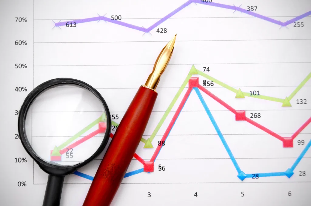 Chart with leading and lagging indicators, magnifier, and pen.