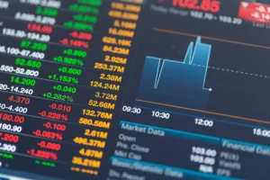 Trade volume index chart with live market data on digital trading screen