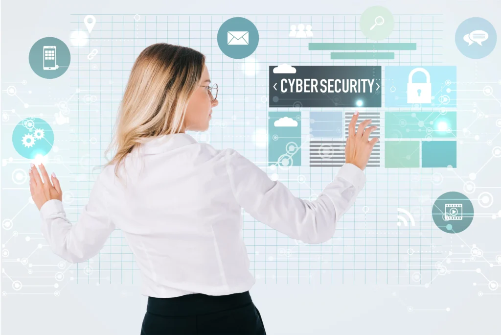 Businesswoman interacting with digital cybersecurity interface representing risk management and security in online trading