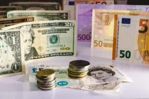 US dollars, euros, and pounds representing forex trading focus.