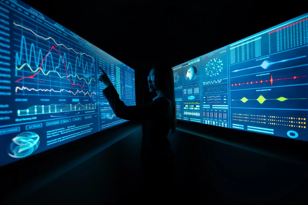 AI in Forex Transparency with a businesswoman analyzing advanced digital trading dashboards and financial data in 2025.