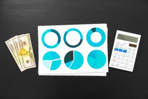 Currency strength meter concept with pie chart analysis, US dollars, and calculator for forex trading insights