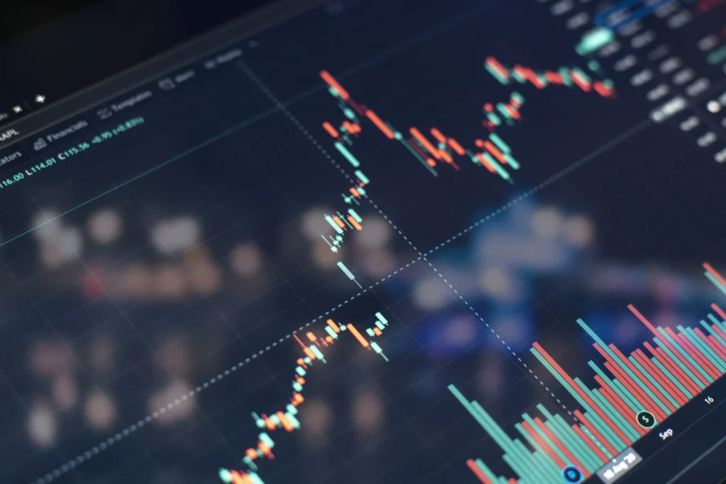 Forex candlestick chart with volume bars used for Stochastic Oscillator analysis