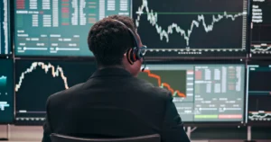 Trader analyzing stock charts on multiple monitors while discussing market trends.