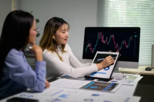 Traders analyzing Relative Rotation Graph on digital charts for sector rotation analysis in 2025.