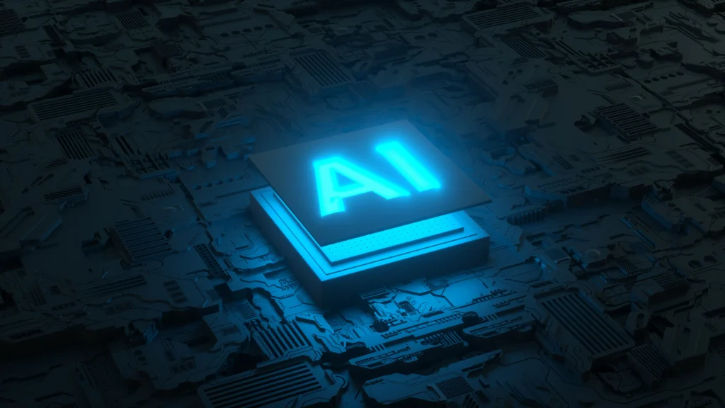 AI trading bots concept with glowing artificial intelligence processor on a digital circuit board