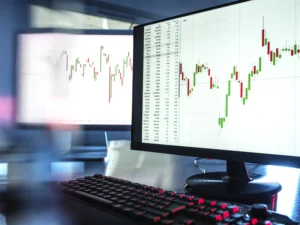 Trading screen showing candlestick charts with horizontal levels in Forex Technical Analysis.