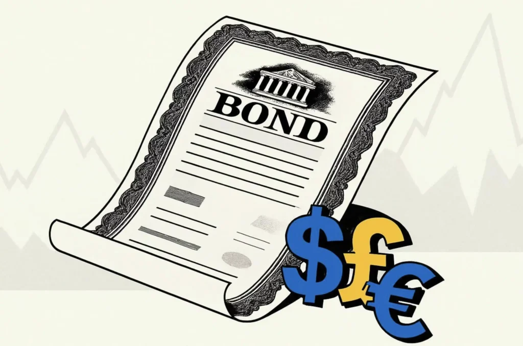An illustrated bond certificate accompanied by major currency symbols — the dollar, euro, and pound — reflecting the international nature of modern bond markets. The image highlights how different types of bonds connect global investors through diverse currencies and economic systems.