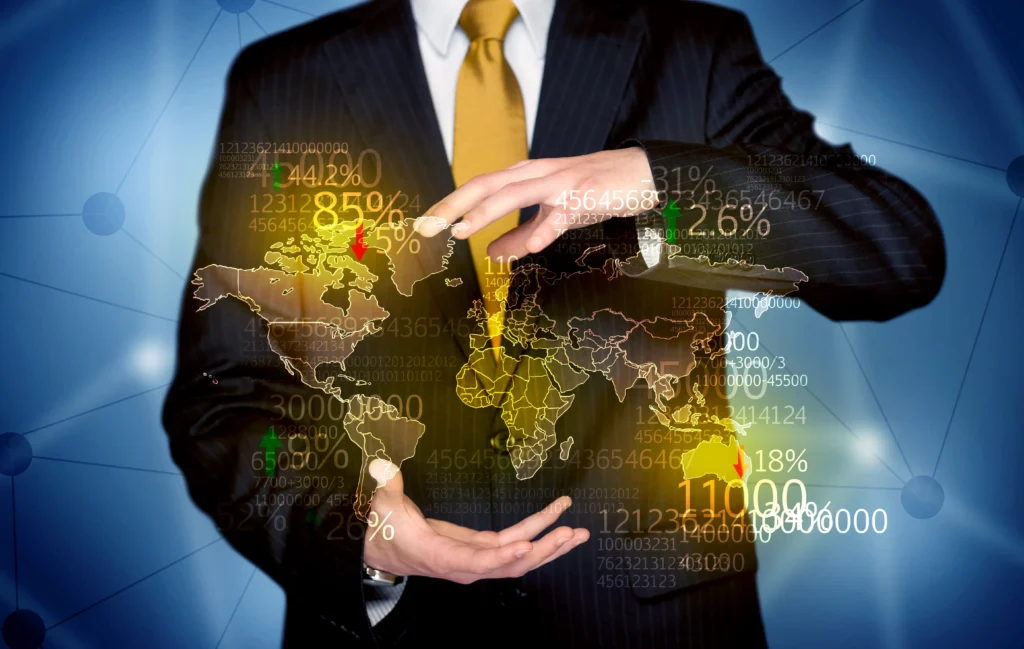 Businessperson analyzing global Commodities Exchange data with a digital world map and market indicators.