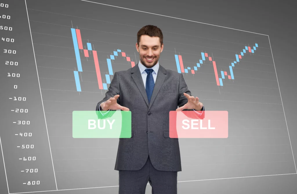 A Forex trader in a suit standing before a trading chart with BUY and SELL buttons, representing decision-making in forex trading.