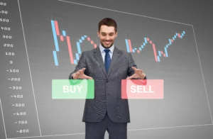 A Forex trader in a suit standing before a trading chart with BUY and SELL buttons, representing decision-making in forex trading.