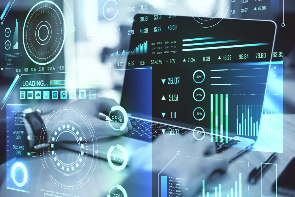 Quantum computing concept showing financial data analysis on laptop for market prediction accuracy.