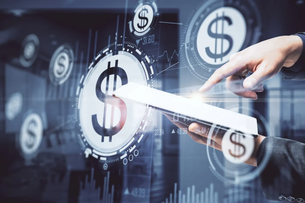 Person using a tablet with digital dollar symbols representing electronic currency trading and online forex transactions.