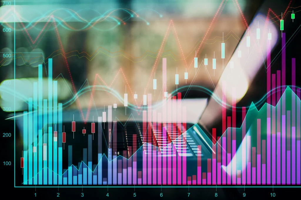 Relative Volume Indicator chart showing colorful trading volume bars and candlestick patterns on a forex screen.