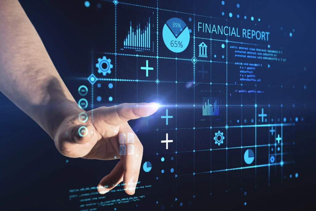 Quantum Computing interface showing futuristic financial charts, analytics, and data visualization for market prediction.