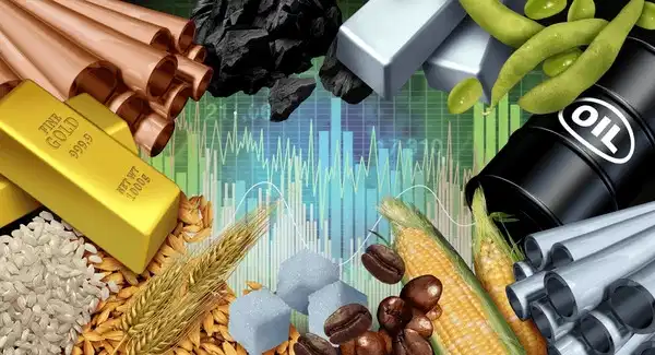 A digital collage of various global commodities including gold bars, copper pipes, oil barrels, coal, soybeans, wheat, corn, rice, coffee beans, sugar cubes, and metal ingots placed against a financial chart background representing commodity price movements and market trends.
