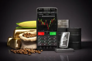 Smartphone showing commodity trading app with gold bars, silver, oil barrels, corn, and coffee beans representing global commodities trading in 2025.