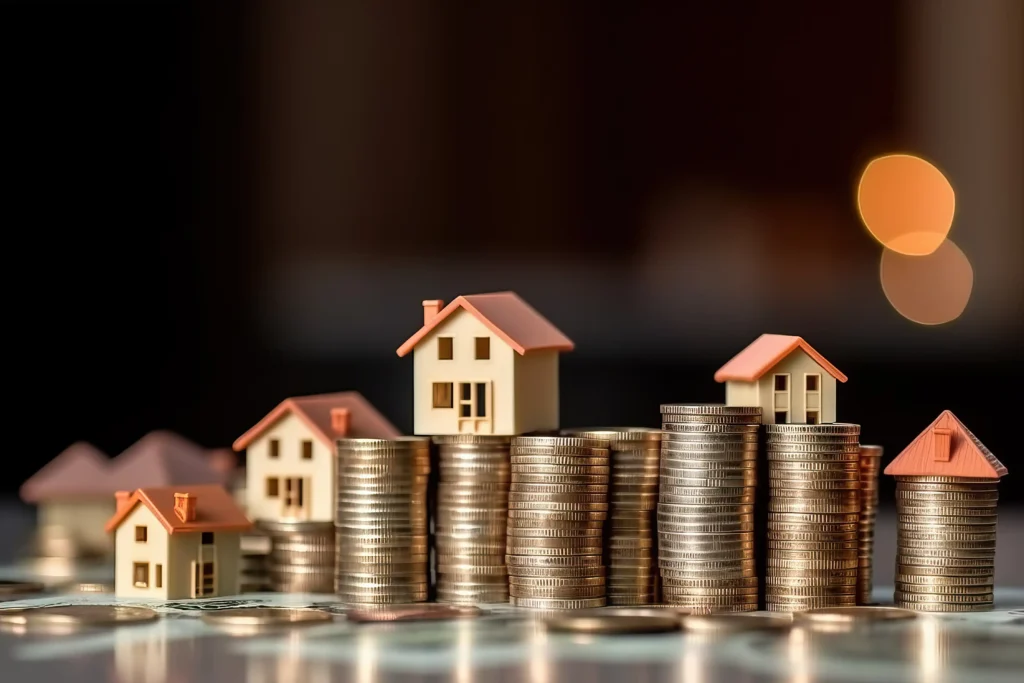Miniature houses on stacks of coins representing global housing trends, real estate cycles, and Forex Market Growth in 2025.