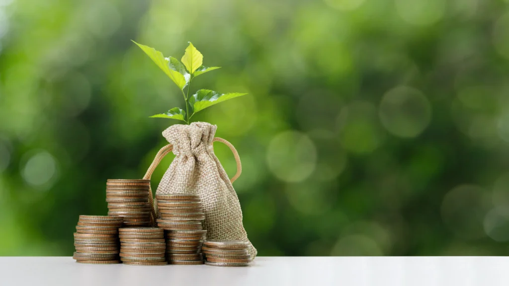 Stacked coins and a money bag with a growing plant symbolizing Sustainable Trading Strategies and ethical financial growth.