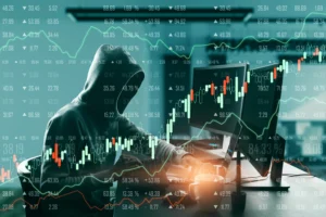 Hooded trader analyzing stock charts symbolizing dark pool trading in 2025.