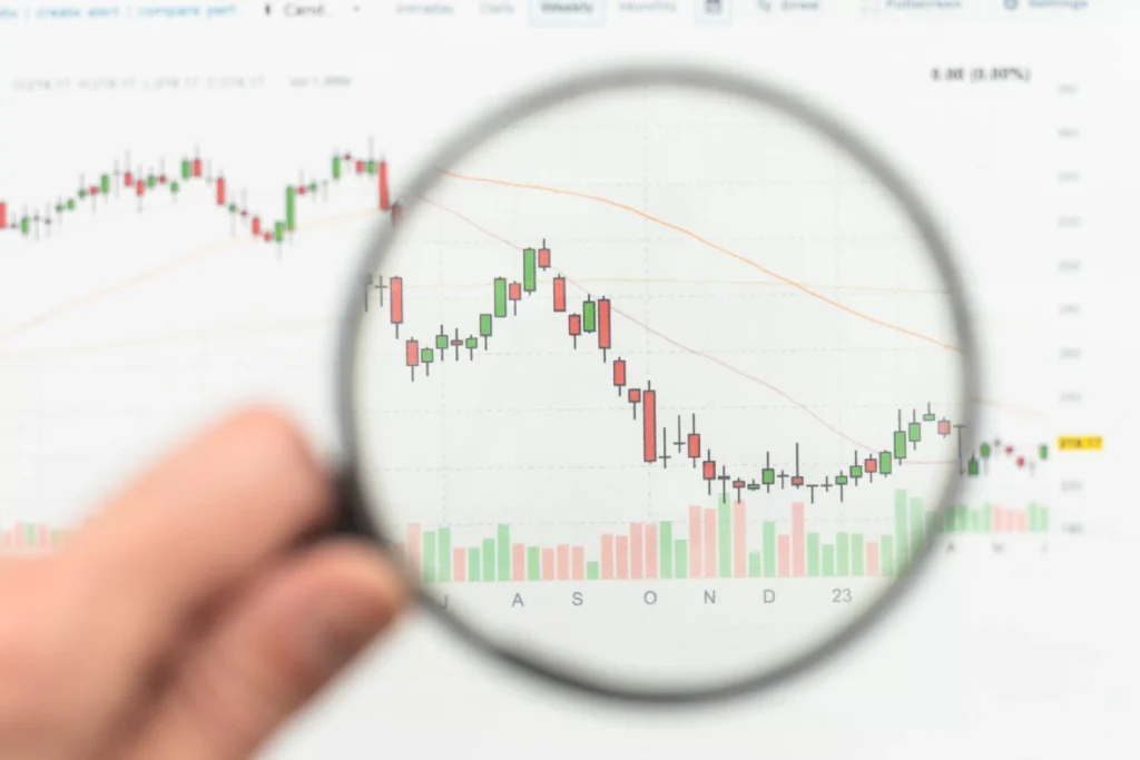 Heikin-Ashi Candlestick chart showing smoothed price trend under magnifying glass.