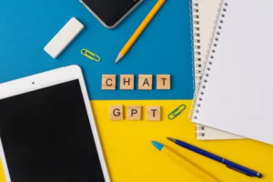 ChatGPT AI Model workspace with tablet and notebooks