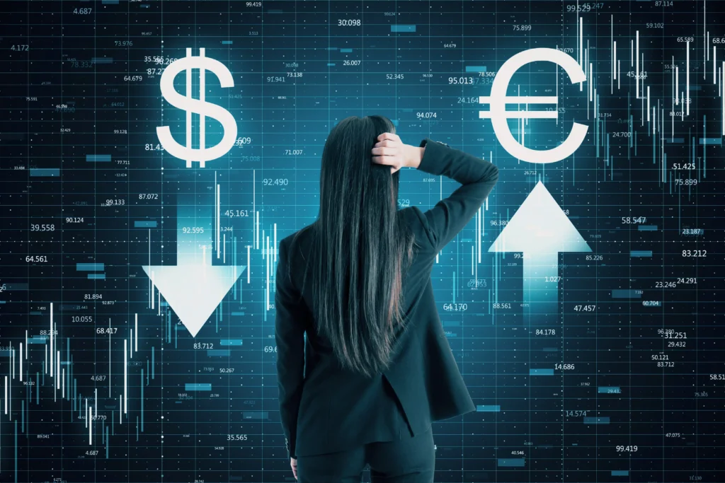 A businesswoman analyzing EUR/USD market charts with dollar and euro symbols showing opposite price directions.