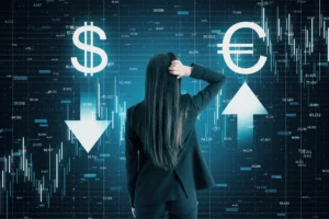 A businesswoman analyzing EUR/USD market charts with dollar and euro symbols showing opposite price directions.