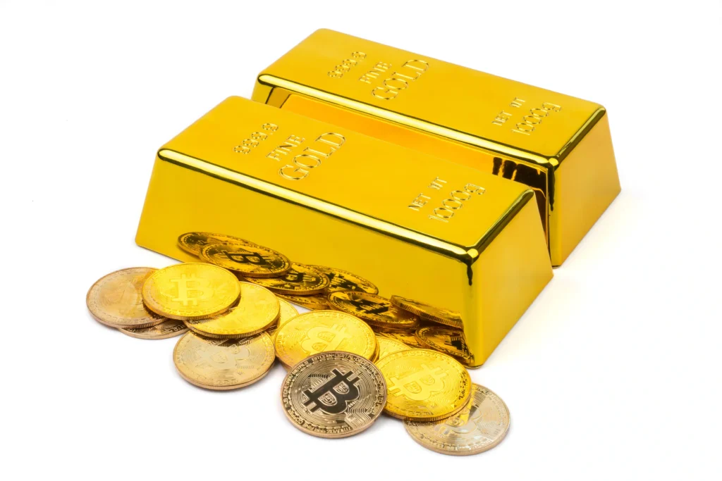 Gold bars and Bitcoin coins placed together symbolizing the balance between traditional and digital assets in modern investing.