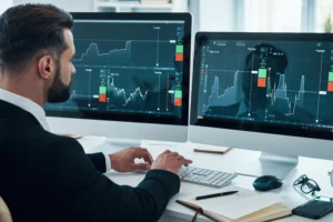 A trader analyzing market capitalisation data on multiple computer screens with live stock charts and trading performance metrics.