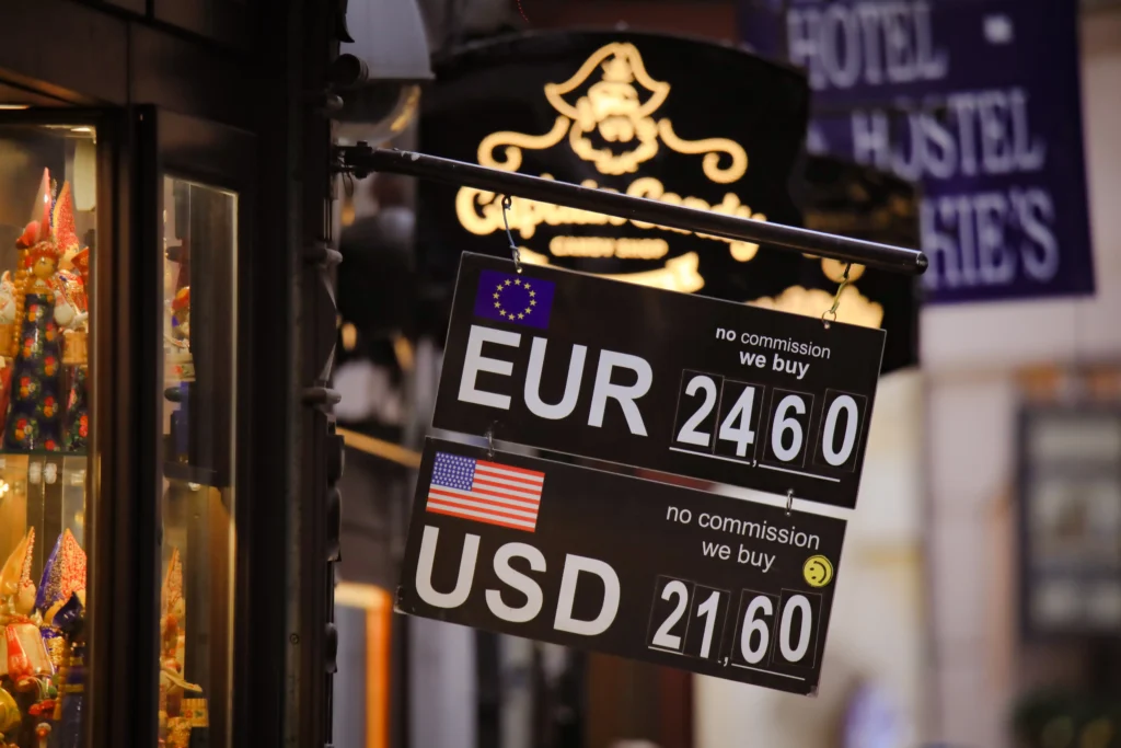 Currency exchange board showing EUR and USD rates, useful for EUR/USD Trading insights.