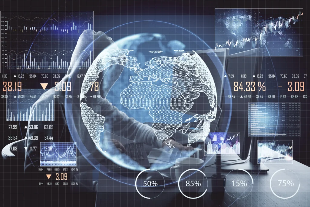 A digital visualization of global financial networks and market analytics, representing how geopolitical risks influence currency volatility and FX trends worldwide.