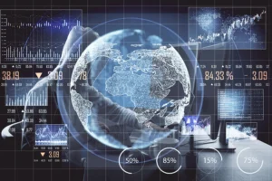 A digital visualization of global financial networks and market analytics, representing how geopolitical risks influence currency volatility and FX trends worldwide.