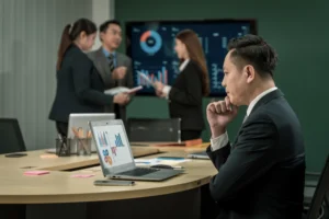 Asian businessman analyzing market charts on his laptop while colleagues discuss trading performance in the background, representing Telegram and Discord trading strategy planning.