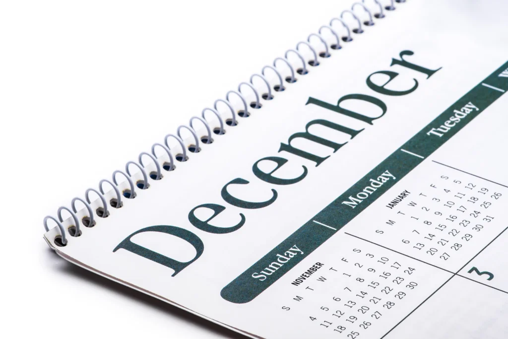 December 2025 calendar page representing key events and market outlook expectations for traders.