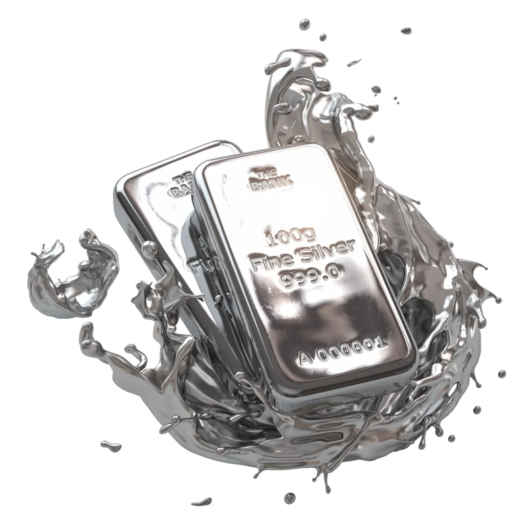 Silver bullion bars splashing in liquid silver, symbolizing the dynamic Silver Status Shift in 2025.