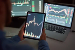 A trader holding a tablet displaying a live candlestick chart while monitoring market data on multiple screens.