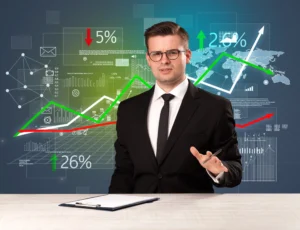 Business analyst explaining market charts and percentages during a 90 Minute Trading Routine for better trading decisions.