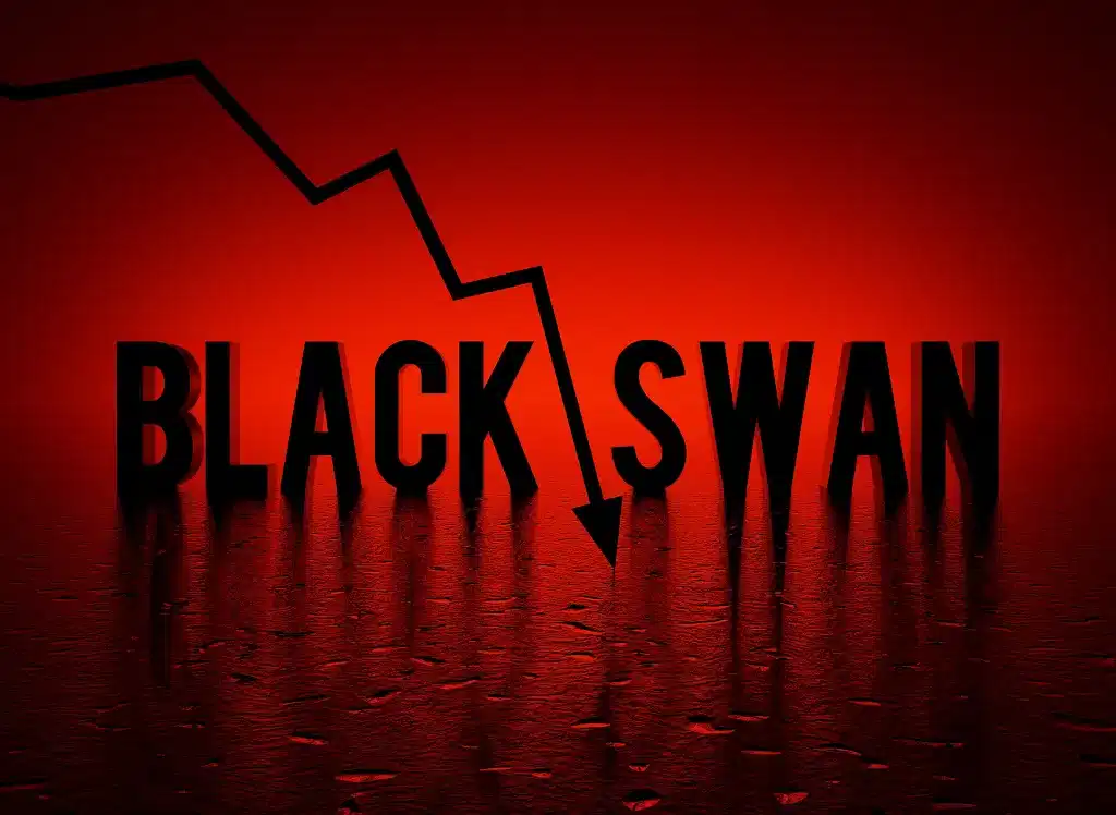 Text showing “Black Swan” with a downward market arrow symbolizing a major financial collapse during a Black Swan Event in Forex.