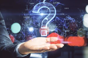 AI trading tools 2026 concept showing a digital question mark above a trader’s hand with data networks