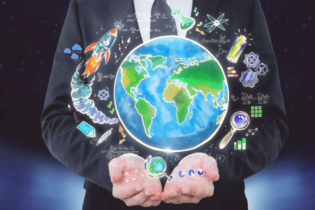 Businessman holding a creative digital globe illustration representing the Global Economic Outlook 2025 and changing world markets.