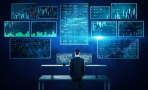 Is Trading Worth It in 2026 — a trader analyzes multiple digital screens showing forex, stock, and market data to assess global trading opportunities.