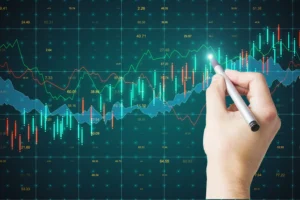 Hand analyzing forex trend continuation and reversal patterns on a digital trading chart.